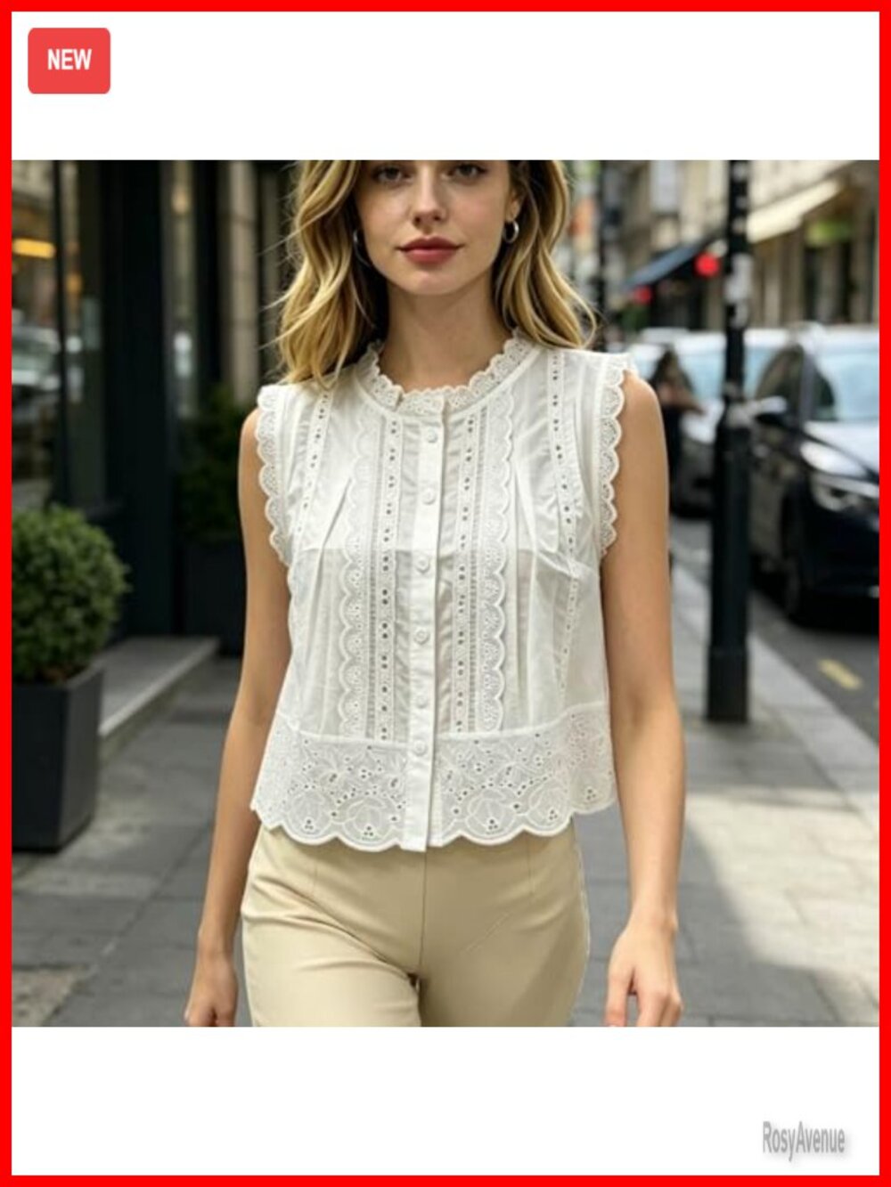Women's Eyelet Lace Trim Sleeveless Boho Babydoll Top Cropped A-Line Flowy Tank - Picture 6 of 6